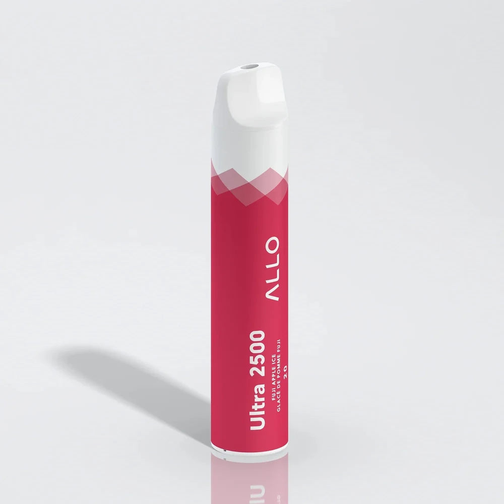 An Allo Ultra 2500 Fuji Apple Ice disposable vape featuring a red cylindrical body with white text and a white mouthpiece, set against a plain grey background.