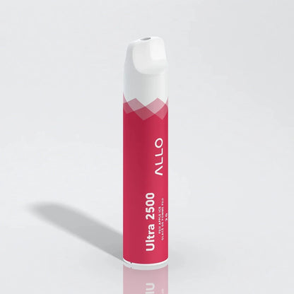 An Allo Ultra 2500 Fuji Apple Ice disposable vape featuring a red cylindrical body with white text and a white mouthpiece, set against a plain grey background.