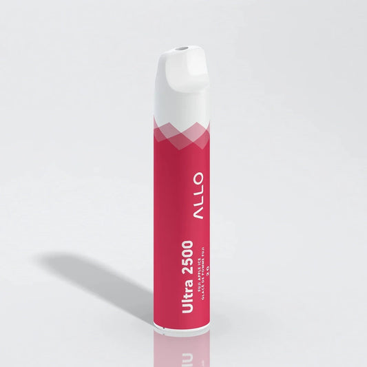 An Allo Ultra 2500 Fuji Apple Ice disposable vape featuring a red cylindrical body with white text and a white mouthpiece, set against a plain grey background.