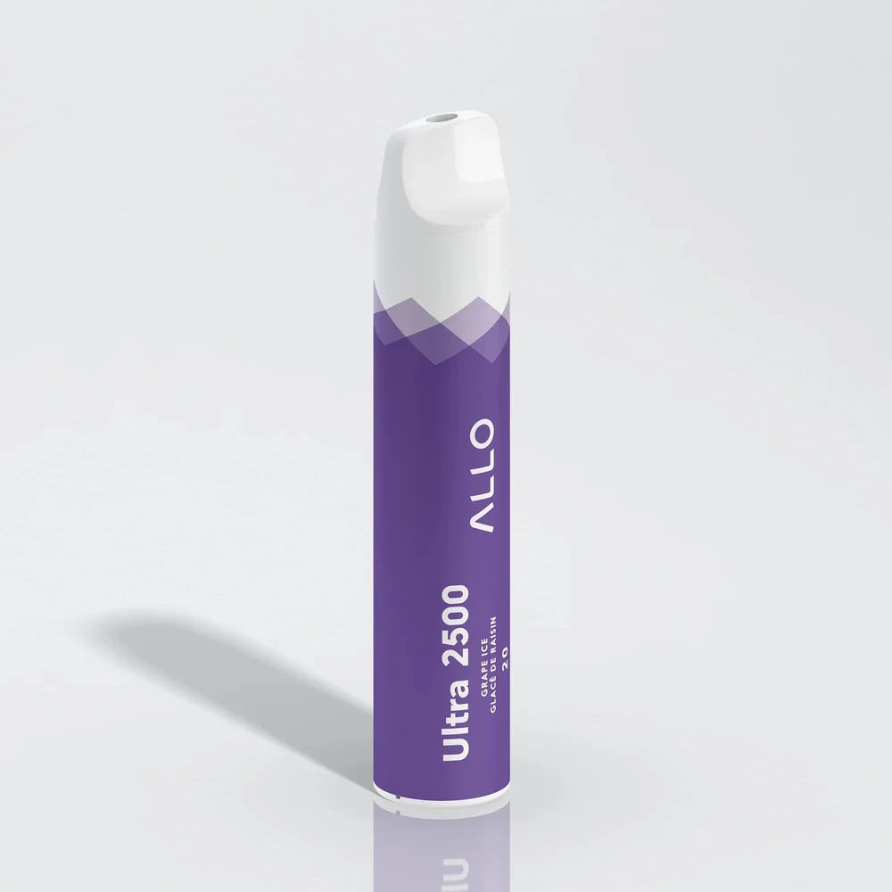 An Allo Ultra 2500 Grape Ice disposable vape featuring a purple cylindrical body with a white mouthpiece and text reading Ultra 2500, Grape Ice, and Allo.