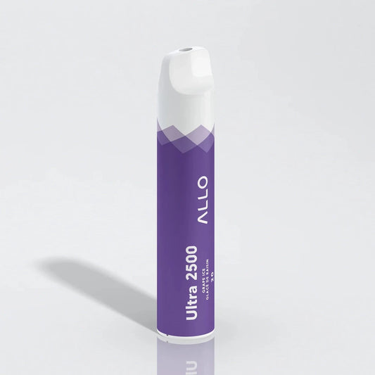 An Allo Ultra 2500 Grape Ice disposable vape featuring a purple cylindrical body with a white mouthpiece and text reading Ultra 2500, Grape Ice, and Allo.