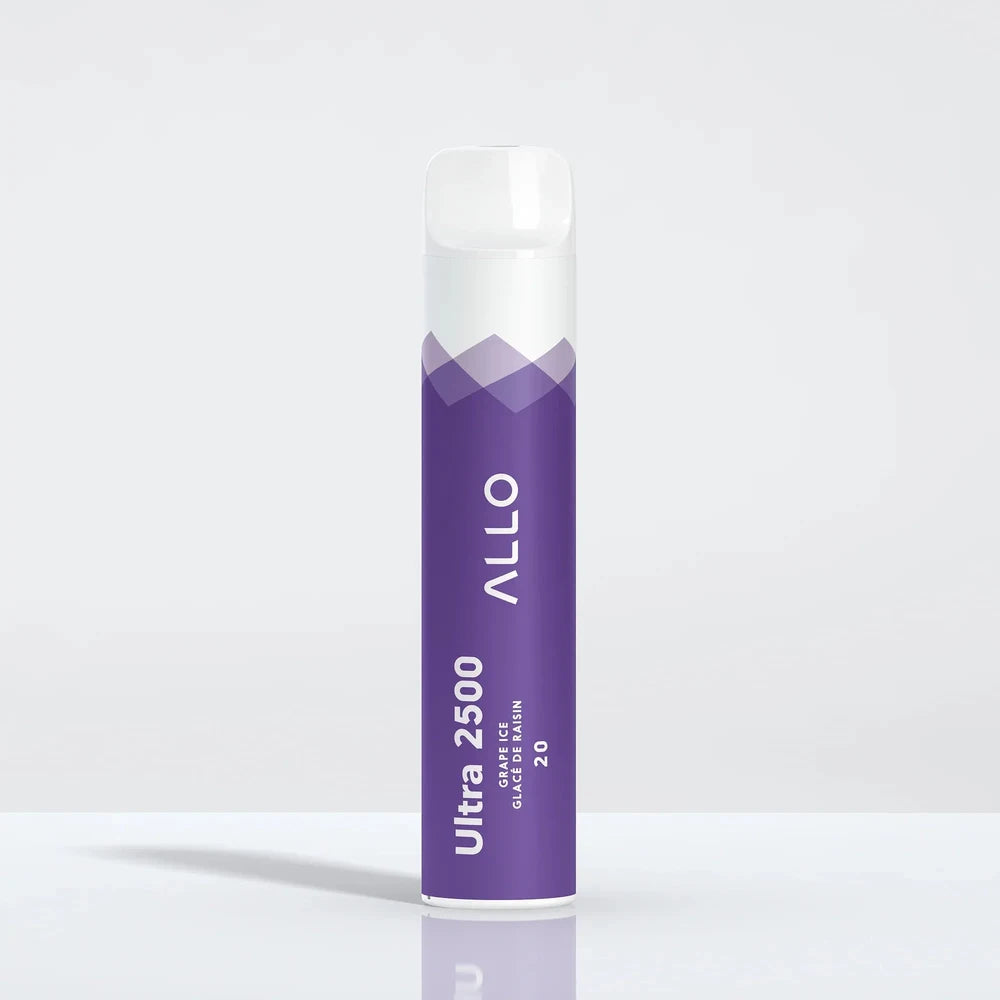 Allo Ultra 2500 Grape Ice disposable vape featuring a purple and white cylindrical body with a clear mouthpiece, labeled with Allo and Ultra 2500 text.