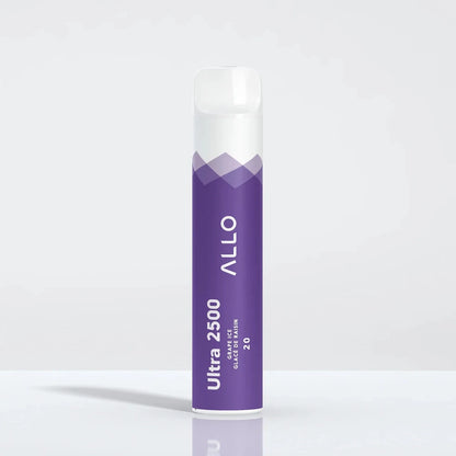 Allo Ultra 2500 Grape Ice disposable vape featuring a purple and white cylindrical body with a clear mouthpiece, labeled with Allo and Ultra 2500 text.