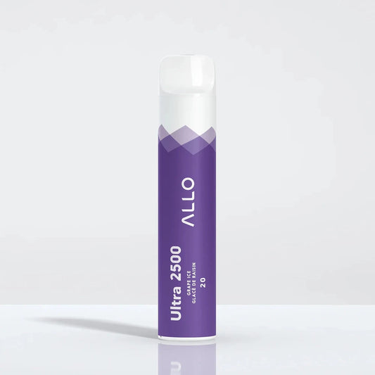Allo Ultra 2500 Grape Ice disposable vape featuring a purple and white cylindrical body with a clear mouthpiece, labeled with Allo and Ultra 2500 text.