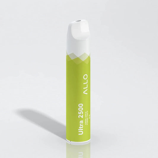 An Allo Ultra 2500 Green Apple disposable vape featuring a lime green cylindrical body and white mouthpiece, labeled with Ultra 2500 and Pomme Verte text against a plain white background.