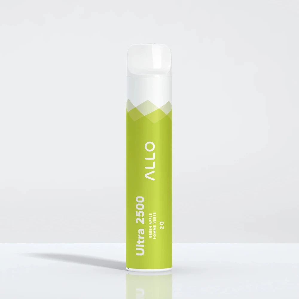 An Allo Ultra 2500 Green Apple disposable vape featuring a lime green and white cylindrical body with a clear mouthpiece, labeled with Allo Ultra 2500 Green Apple Pomme Verte 20 text.