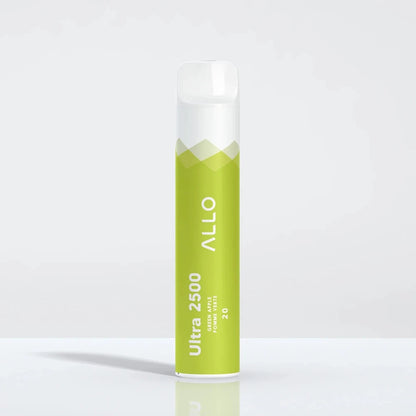 An Allo Ultra 2500 Green Apple disposable vape featuring a lime green and white cylindrical body with a clear mouthpiece, labeled with Allo Ultra 2500 Green Apple Pomme Verte 20 text.