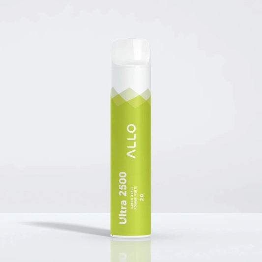 An Allo Ultra 2500 Green Apple disposable vape featuring a lime green and white cylindrical body with a clear mouthpiece, labeled with Allo Ultra 2500 Green Apple Pomme Verte 20 text.