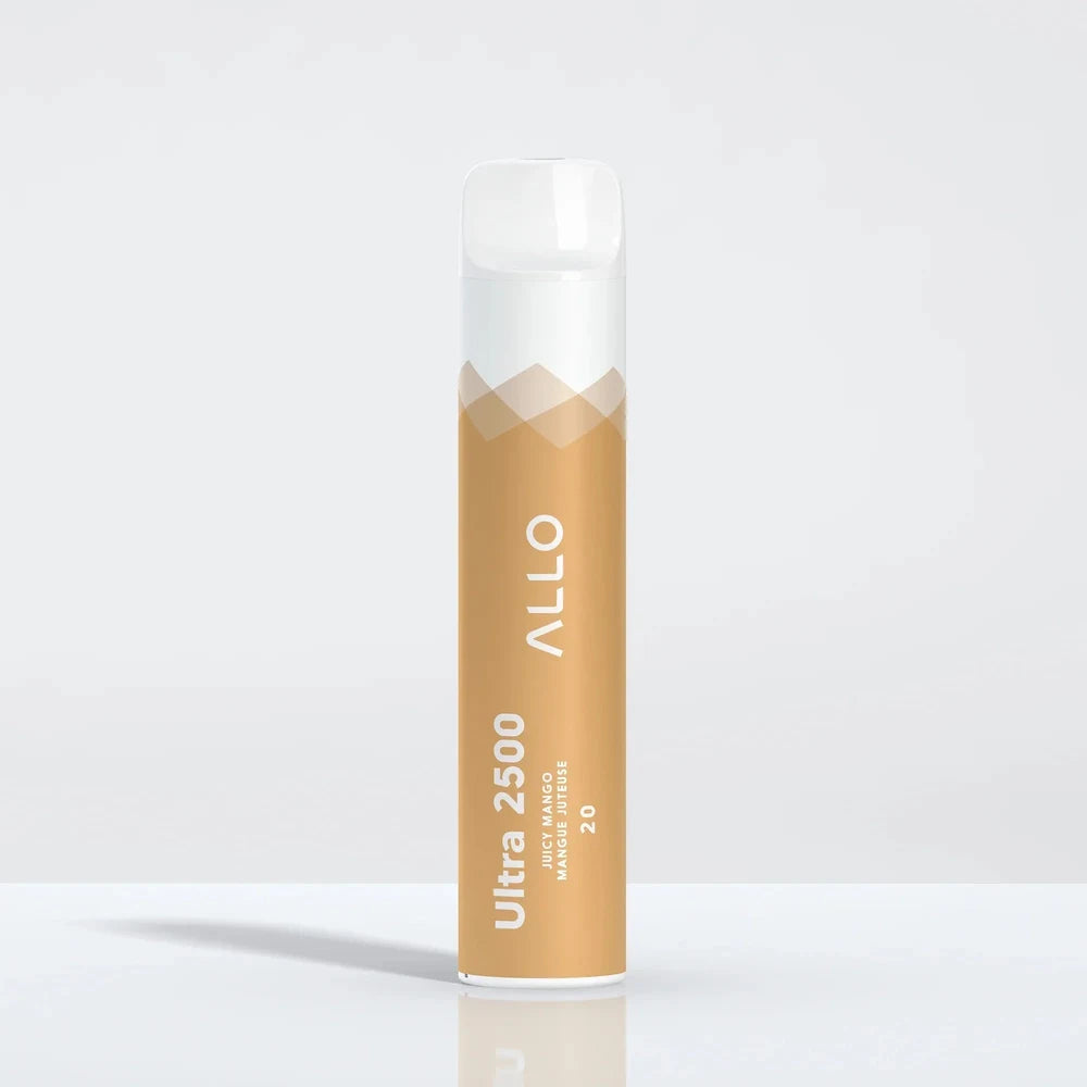 An ALLO Ultra 2500 Juicy Mango disposable vape featuring a cylindrical orange and white body with a clear mouthpiece, labeled with the brand name and flavor.