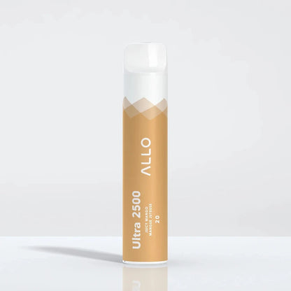 An ALLO Ultra 2500 Juicy Mango disposable vape featuring a cylindrical orange and white body with a clear mouthpiece, labeled with the brand name and flavor.