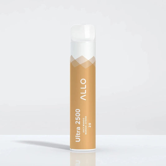 An ALLO Ultra 2500 Juicy Mango disposable vape featuring a cylindrical orange and white body with a clear mouthpiece, labeled with the brand name and flavor.