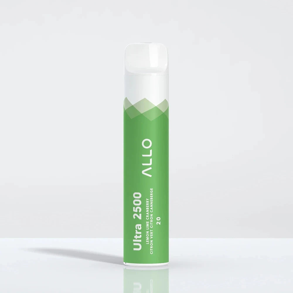 An ALLO Ultra 2500 Lemon Lime Cranberry disposable vape featuring a green and white cylindrical body with a clear mouthpiece, labeled with Ultra 2500 and flavor text.
