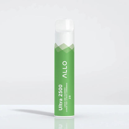 An ALLO Ultra 2500 Lemon Lime Cranberry disposable vape featuring a green and white cylindrical body with a clear mouthpiece, labeled with Ultra 2500 and flavor text.