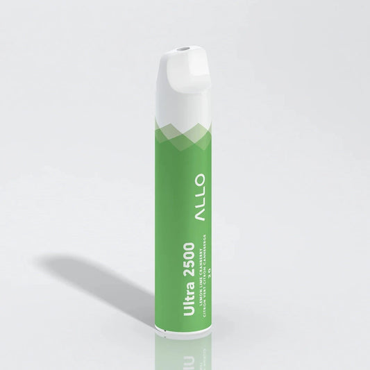Allo Ultra 2500 Lemon Lime Cranberry disposable vape featuring a cylindrical green body with white text and a white mouthpiece, shown against a plain white background.