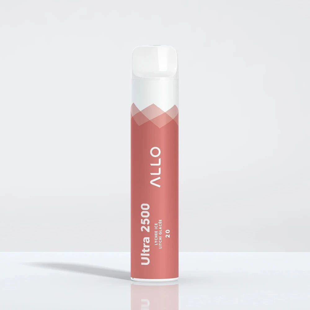 An Allo Ultra 2500 Lychee Ice disposable vape featuring a pink and white cylindrical body with a clear mouthpiece, labeled with Allo Ultra 2500 Lychee Ice Litchi Glacée 20.