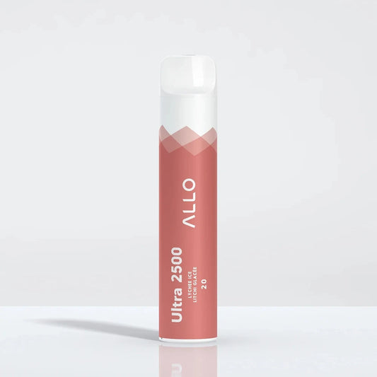 An Allo Ultra 2500 Lychee Ice disposable vape featuring a pink and white cylindrical body with a clear mouthpiece, labeled with Allo Ultra 2500 Lychee Ice Litchi Glacée 20.