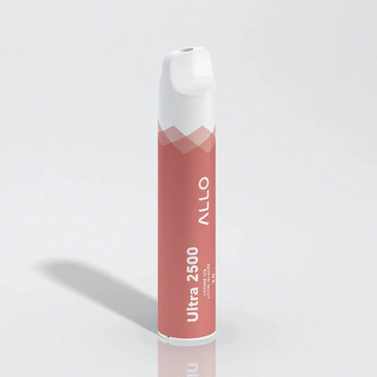 Allo Ultra 2500 Lychee Ice disposable vape featuring a pink cylindrical body with a white mouthpiece and text reading Ultra 2500 Lychee Ice Litchi Glacée.