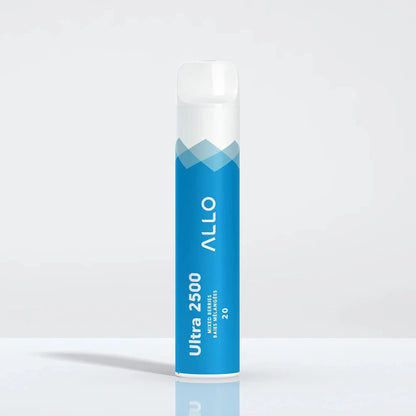 Allo Ultra 2500 Mixed Berries disposable vape featuring a blue and white cylindrical body with a clear mouthpiece, labeled with Allo, Ultra 2500, Mixed Berries, Baies Mélangées, and 20.
