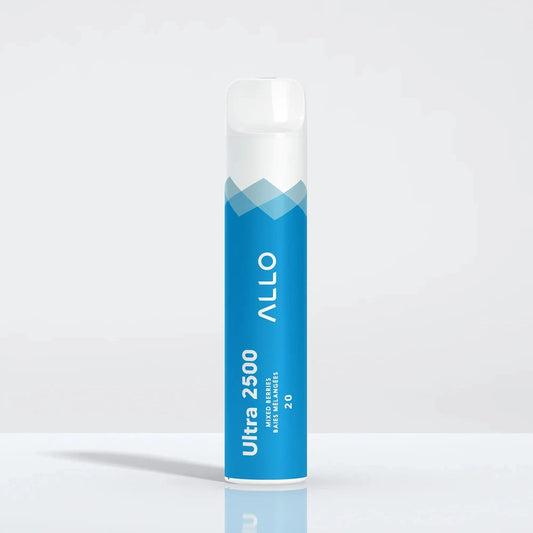 Allo Ultra 2500 Mixed Berries disposable vape featuring a blue and white cylindrical body with a clear mouthpiece, labeled with Allo, Ultra 2500, Mixed Berries, Baies Mélangées, and 20.