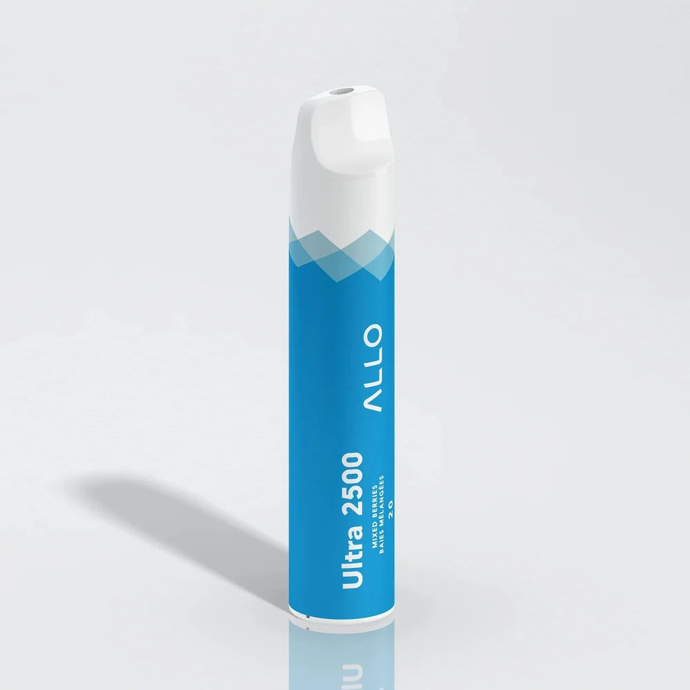 Allo Ultra 2500 Mixed Berries disposable vape featuring a blue and white cylindrical body with a white mouthpiece, labeled with Allo Ultra 2500 Mixed Berries Baies Mélangées 20.