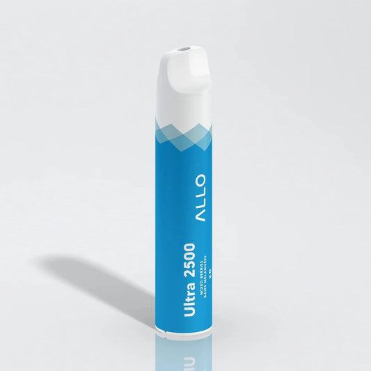 Allo Ultra 2500 Mixed Berries disposable vape featuring a blue and white cylindrical body with a white mouthpiece, labeled with Allo Ultra 2500 Mixed Berries Baies Mélangées 20.