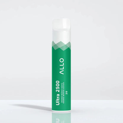 An Allo Ultra 2500 Orange Mango Guava disposable vape featuring a green cylindrical body with a white mouthpiece and text reading Ultra 2500 and Orange Mango Guava.