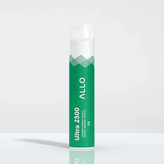 An Allo Ultra 2500 Orange Mango Guava disposable vape featuring a green cylindrical body with a white mouthpiece and text reading Ultra 2500 and Orange Mango Guava.