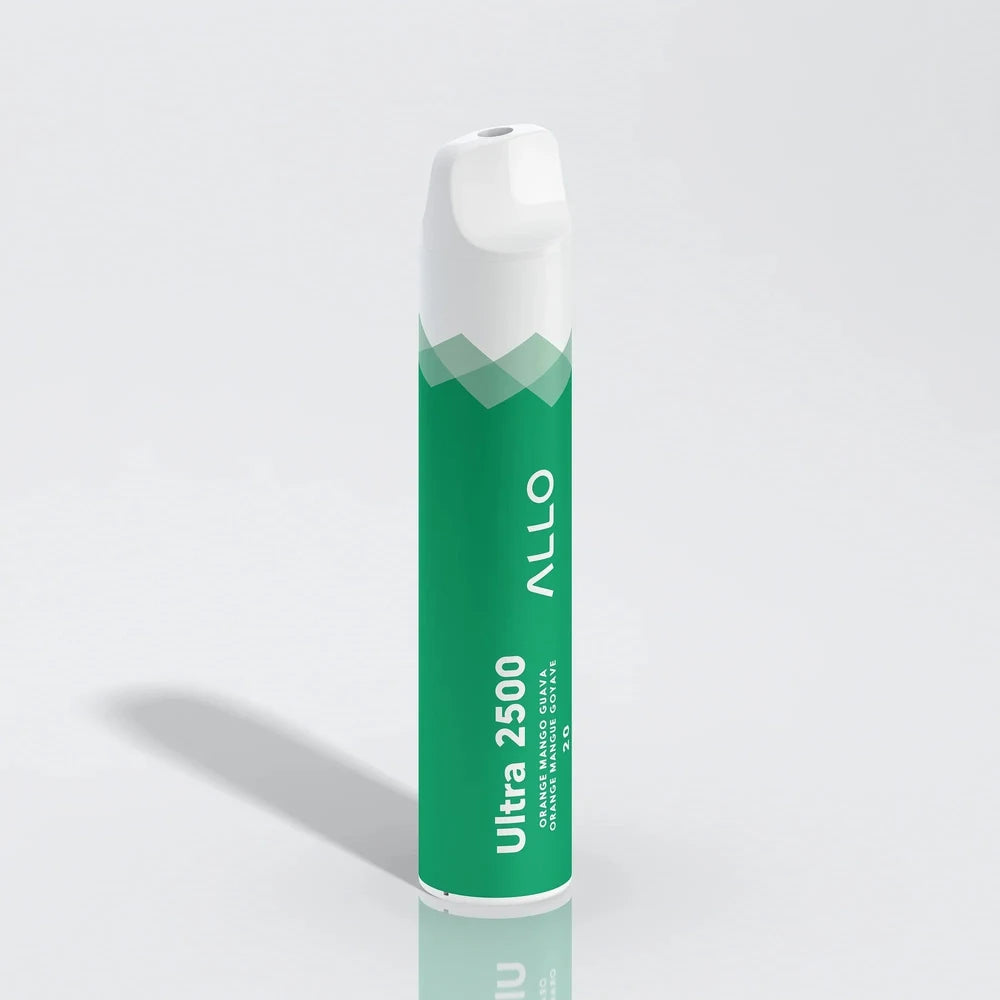 An Allo Ultra 2500 Orange Mango Guava disposable vape featuring a green cylindrical body with a white mouthpiece and text reading Ultra 2500 and Orange Mango Guava.
