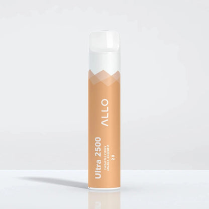An Allo Ultra 2500 Pineapple Citrus disposable vape featuring a cylindrical orange and white body with a clear mouthpiece, labeled with Allo Ultra 2500 Pineapple Citrus 20 text.