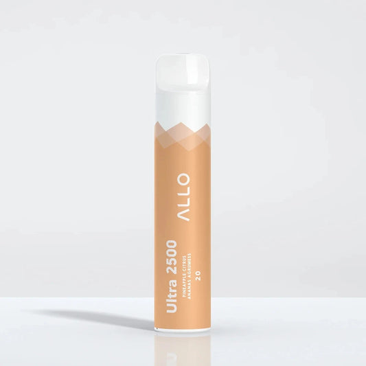 An Allo Ultra 2500 Pineapple Citrus disposable vape featuring a cylindrical orange and white body with a clear mouthpiece, labeled with Allo Ultra 2500 Pineapple Citrus 20 text.