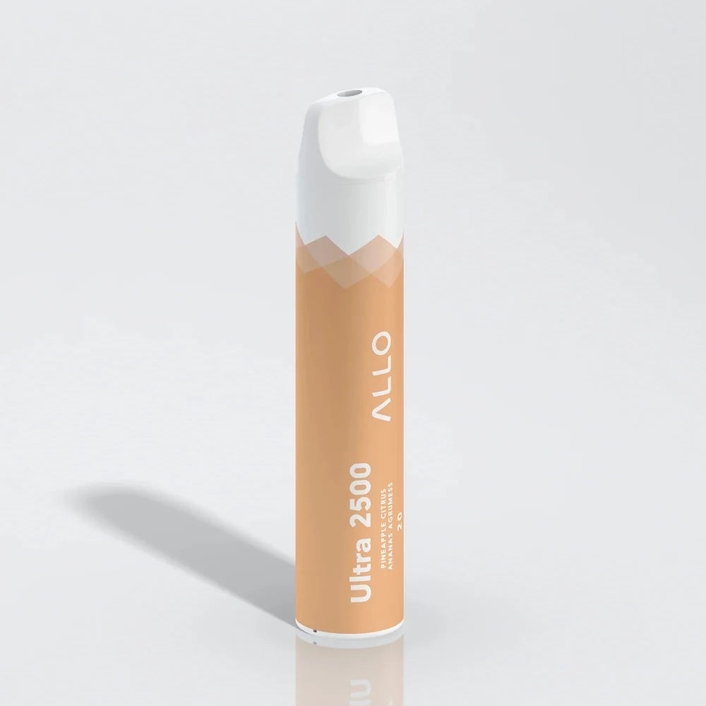 An Allo Ultra 2500 Pineapple Citrus disposable vape featuring a cylindrical orange body with a white mouthpiece and text reading Ultra 2500 Pineapple Citrus and Allo.