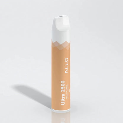 An Allo Ultra 2500 Pineapple Citrus disposable vape featuring a cylindrical orange body with a white mouthpiece and text reading Ultra 2500 Pineapple Citrus and Allo.