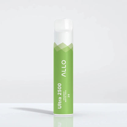 An Allo Ultra 2500 Spearmint disposable vape featuring a green and white cylindrical body with the text Ultra 2500, Spearmint, Menthe Verte, 20, and the Allo logo, shown against a plain white background.