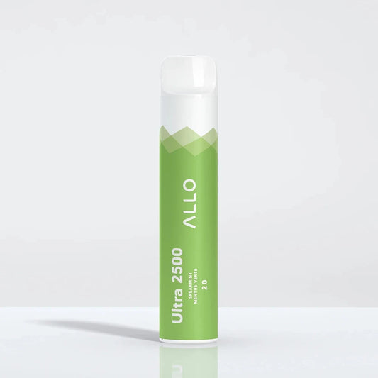 An Allo Ultra 2500 Spearmint disposable vape featuring a green and white cylindrical body with the text Ultra 2500, Spearmint, Menthe Verte, 20, and the Allo logo, shown against a plain white background.