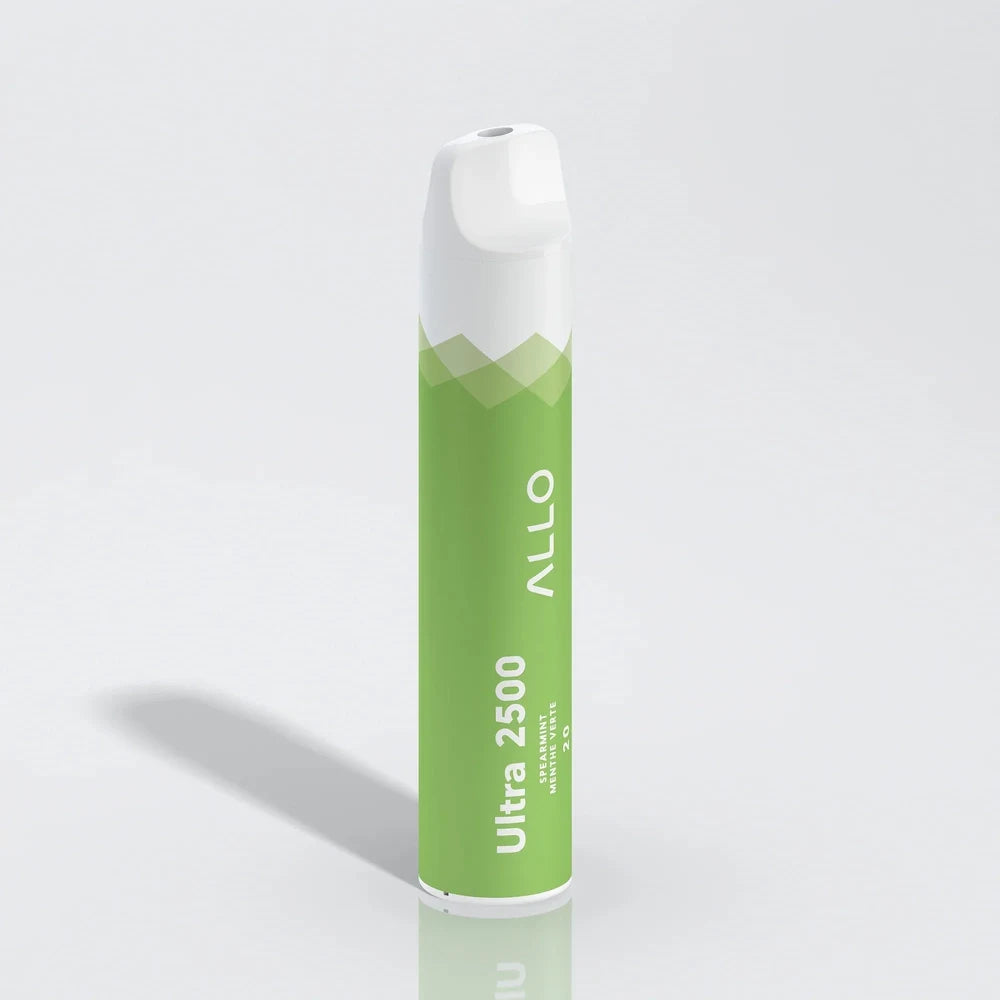 An Allo Ultra 2500 Spearmint disposable vape featuring a green cylindrical body with white text and a white mouthpiece, set against a plain white background.