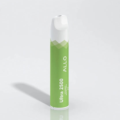 An Allo Ultra 2500 Spearmint disposable vape featuring a green cylindrical body with white text and a white mouthpiece, set against a plain white background.