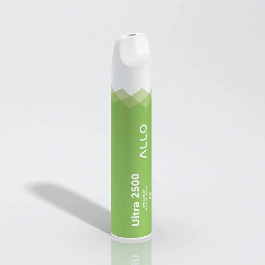 An Allo Ultra 2500 Spearmint disposable vape featuring a green cylindrical body with white text and a white mouthpiece, set against a plain white background.