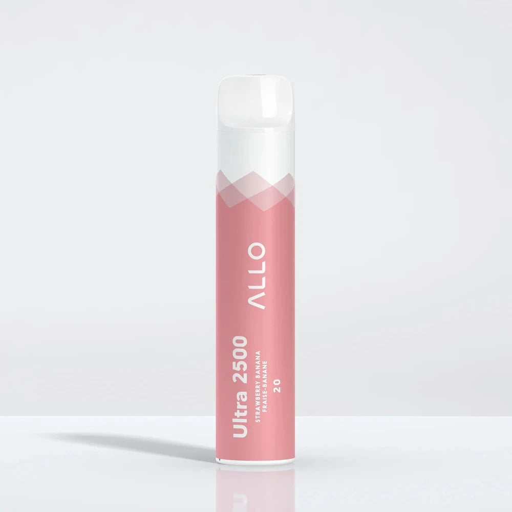 Allo Ultra 2500 Strawberry Banana disposable vape featuring a pink and white cylindrical body with a clear mouthpiece, labeled with Ultra 2500 and Fraise-Banane text.