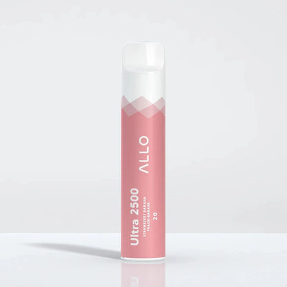 Allo Ultra 2500 Strawberry Banana disposable vape featuring a pink and white cylindrical body with a clear mouthpiece, labeled with Ultra 2500 and Fraise-Banane text.