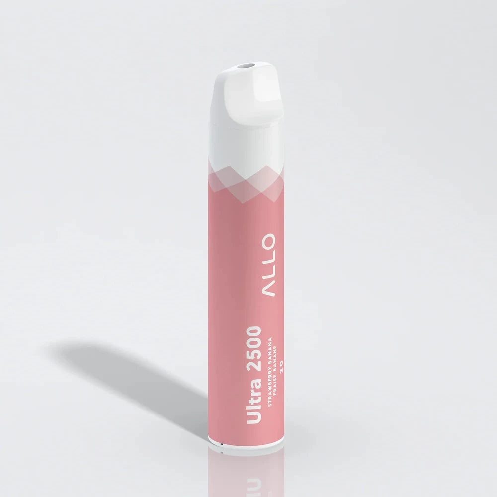 An Allo Ultra 2500 Strawberry Banana disposable vape featuring a pink and white cylindrical body with the brand name and flavor printed on the side, shown against a plain white background.