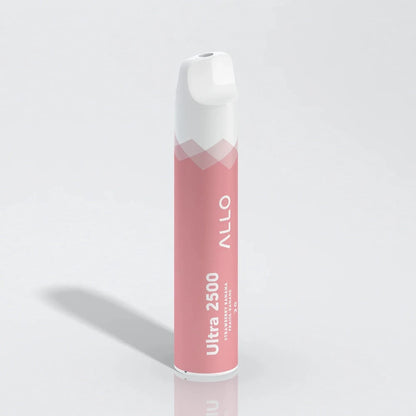 An Allo Ultra 2500 Strawberry Banana disposable vape featuring a pink and white cylindrical body with the brand name and flavor printed on the side, shown against a plain white background.