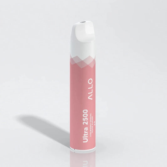 An Allo Ultra 2500 Strawberry Banana disposable vape featuring a pink and white cylindrical body with the brand name and flavor printed on the side, shown against a plain white background.