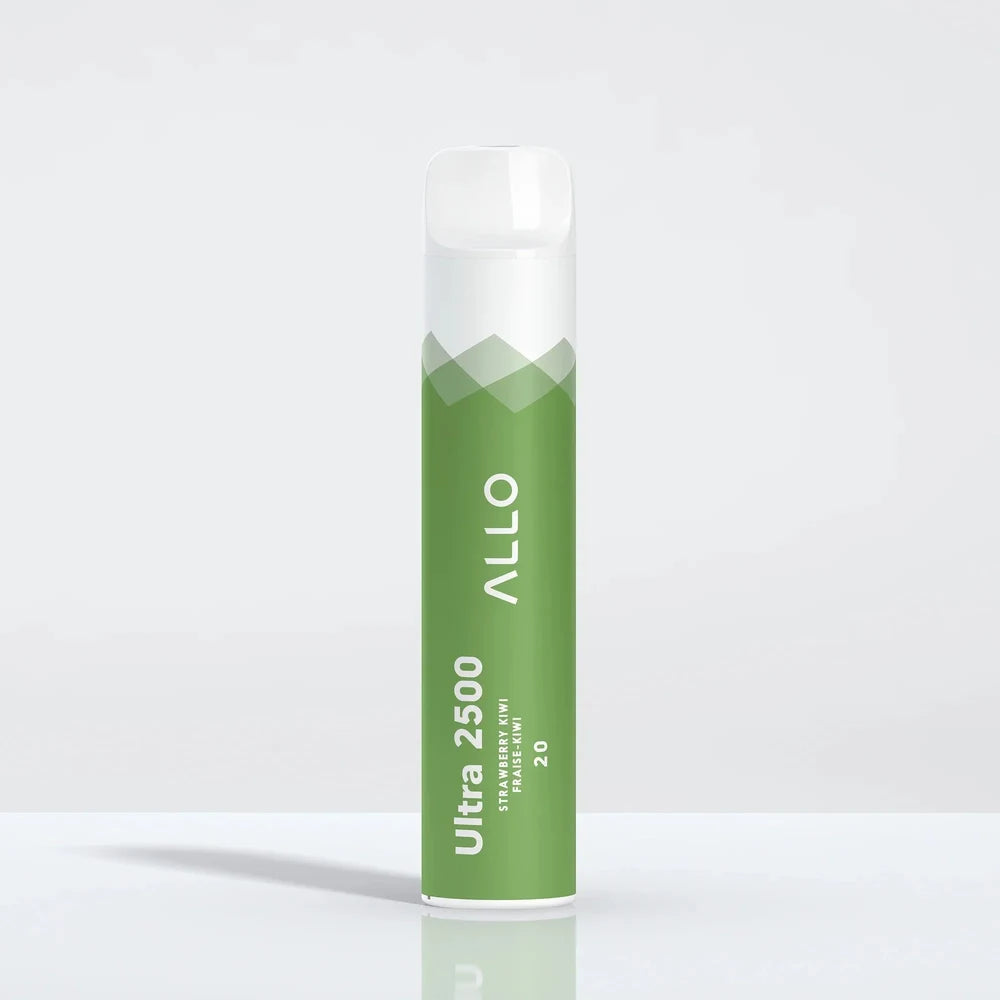 Allo Ultra 2500 Strawberry Kiwi disposable vape featuring a green cylindrical body with white text and a clear mouthpiece against a plain white background.