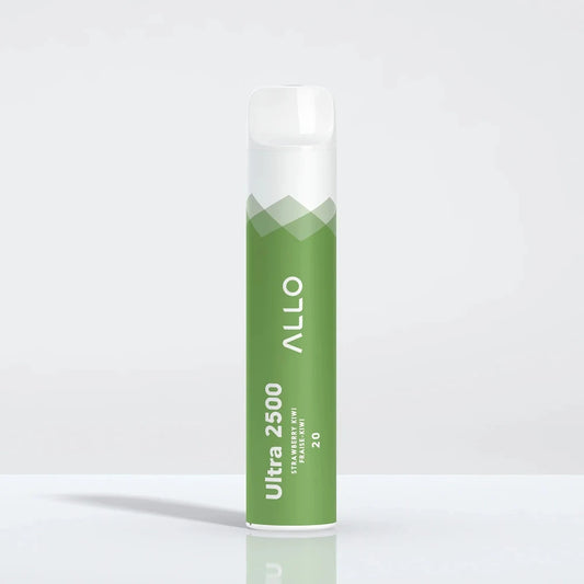 Allo Ultra 2500 Strawberry Kiwi disposable vape featuring a green cylindrical body with white text and a clear mouthpiece against a plain white background.