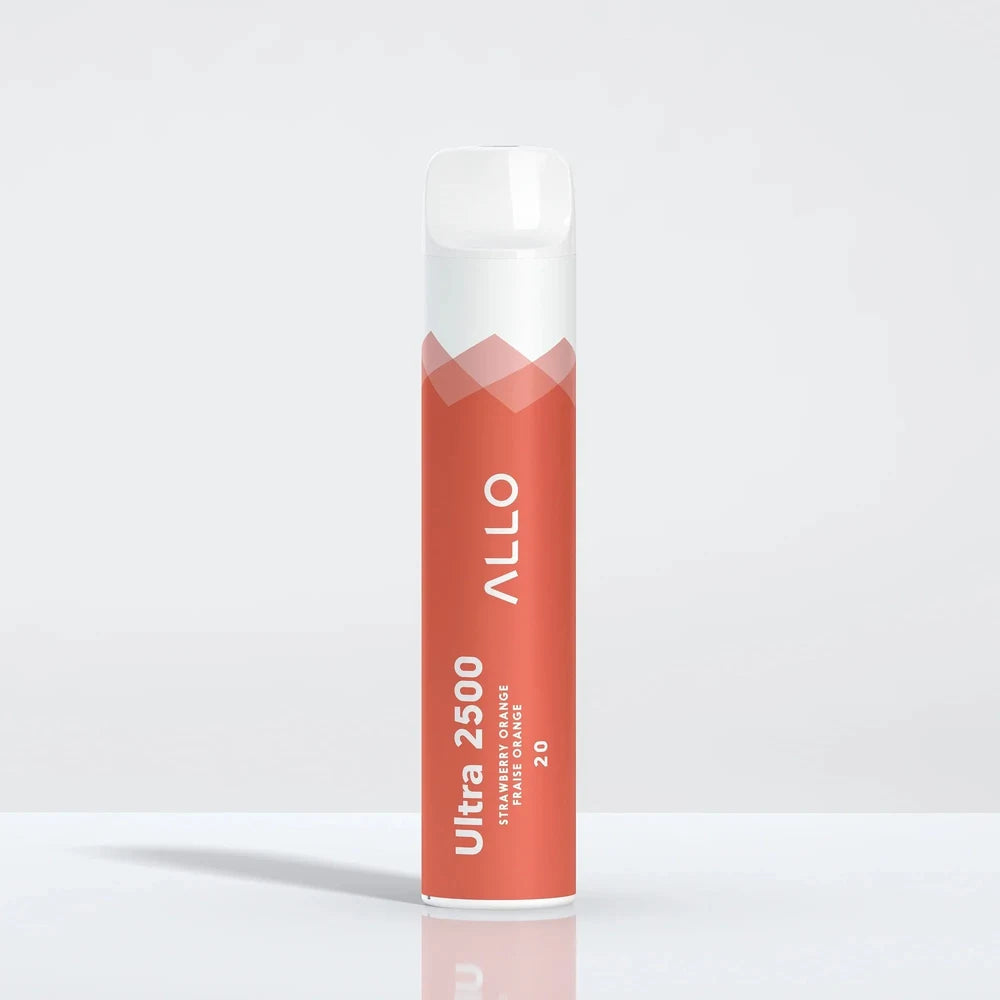 An Allo Ultra 2500 Strawberry Orange disposable vape featuring a cylindrical orange body with white text and a clear mouthpiece against a plain white background.