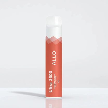 An Allo Ultra 2500 Strawberry Orange disposable vape featuring a cylindrical orange body with white text and a clear mouthpiece against a plain white background.