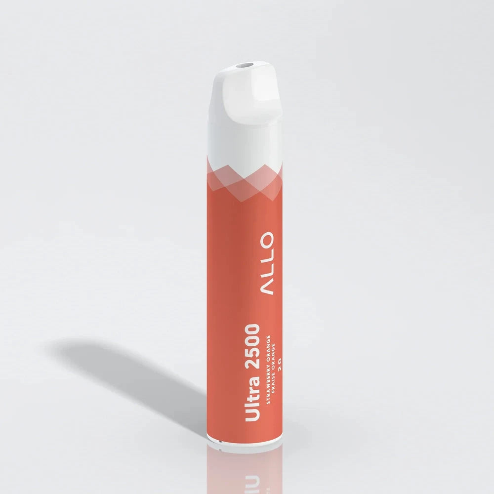 An Allo Ultra 2500 Strawberry Orange disposable vape featuring a cylindrical orange body with a white mouthpiece and text reading Ultra 2500 Strawberry Orange.