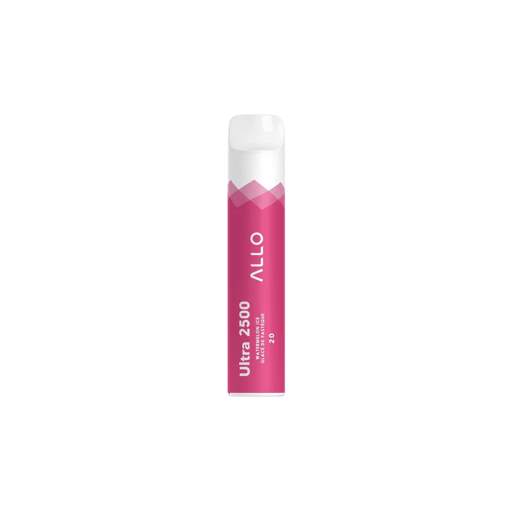 Allo Ultra 2500 Watermelon Ice disposable vape featuring a pink and white cylindrical body with text reading Allo Ultra 2500 Watermelon Ice Glacé De Pastèque 20.