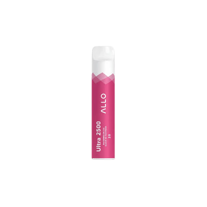 Allo Ultra 2500 Watermelon Ice disposable vape featuring a pink and white cylindrical body with text reading Allo Ultra 2500 Watermelon Ice Glacé De Pastèque 20.