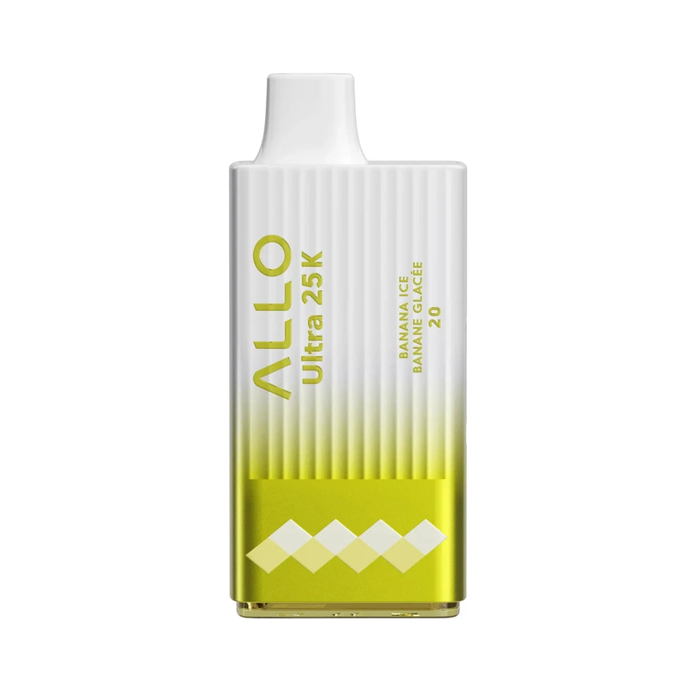 An Allo Ultra 25K Banana Ice disposable vape featuring a white and yellow gradient ribbed body with a white mouthpiece and Banana Ice Banane Glacée 20 text.